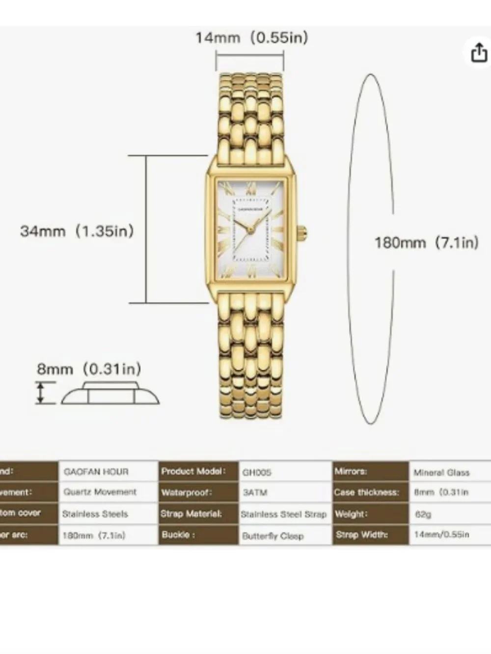 Gold Watches for Women with Vintage Rectangular Case,White Roman Dial,Stainless